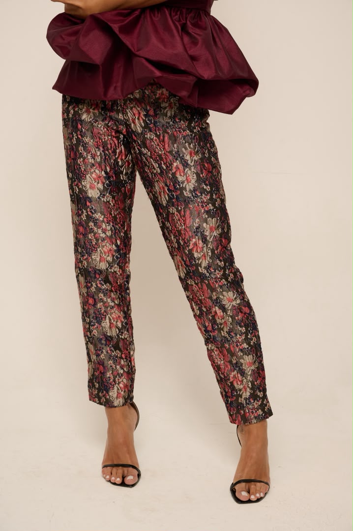 Capri Floral Brocade pant with blush pink and cherry blooms