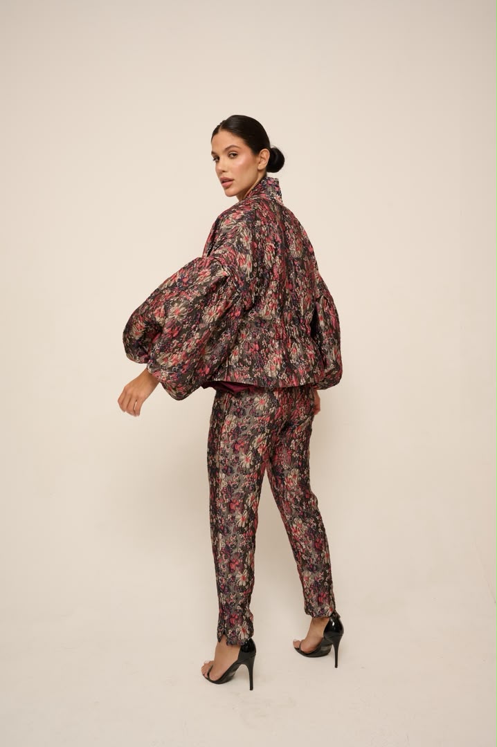 Renata Jacket floral brocade with blush pink and cherry blooms