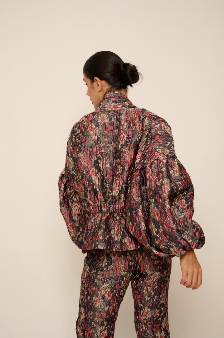 Renata Jacket floral brocade with blush pink and cherry blooms